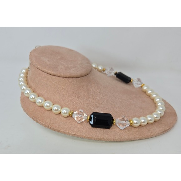 Faux Pearl Black Onyx Beaded Choker Necklace 18" Vintage Fashion Costume Jewelry - Picture 5 of 10